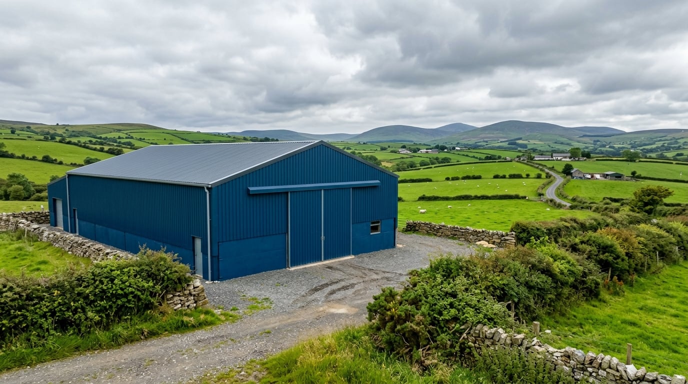 Agricultural metal barn freshly painted in a rural farm setting
