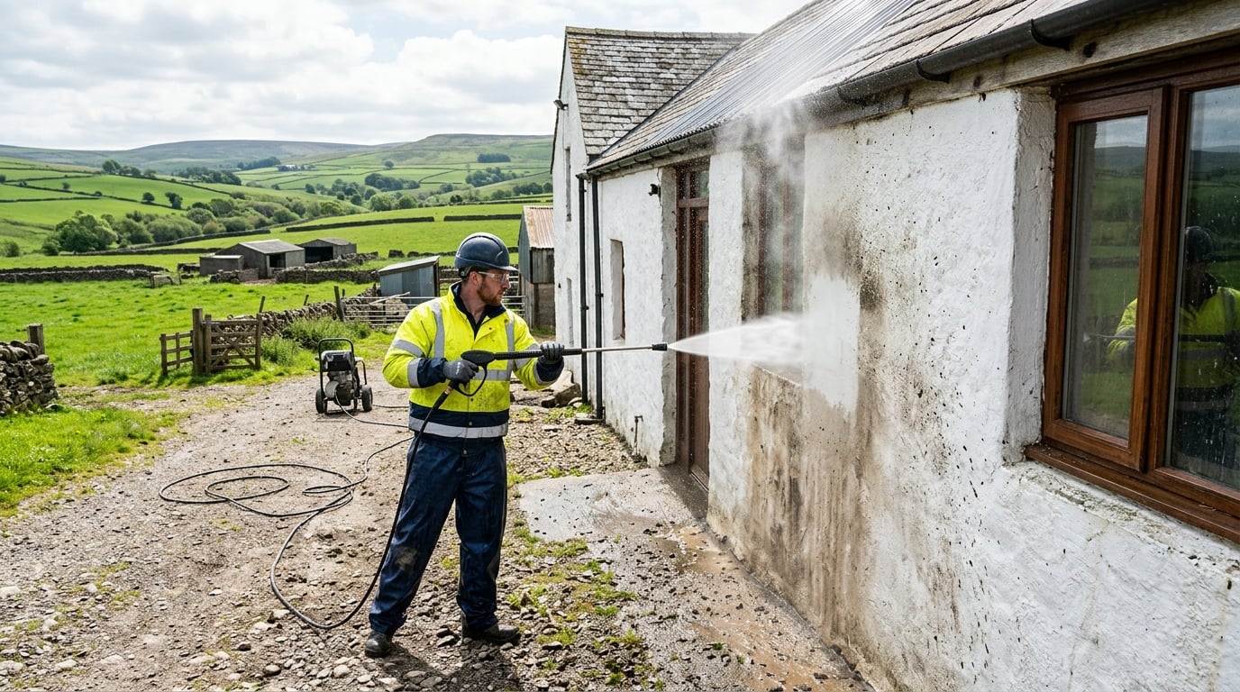 Powerwashing a farmyard building exterior