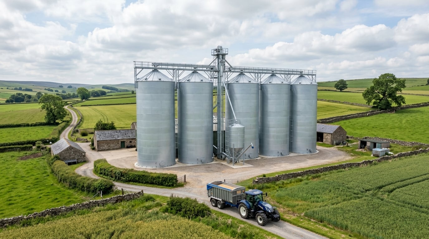 Large agricultural grain silo with fresh paint coating