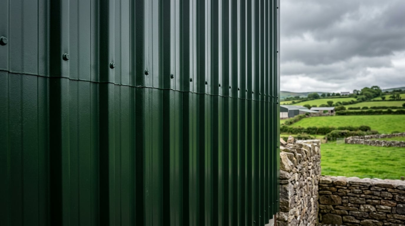 Industrial farm building with metal cladding freshly painted