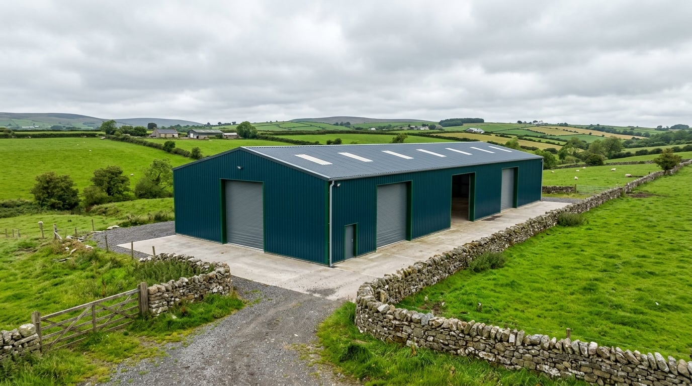 Freshly painted agricultural building exterior