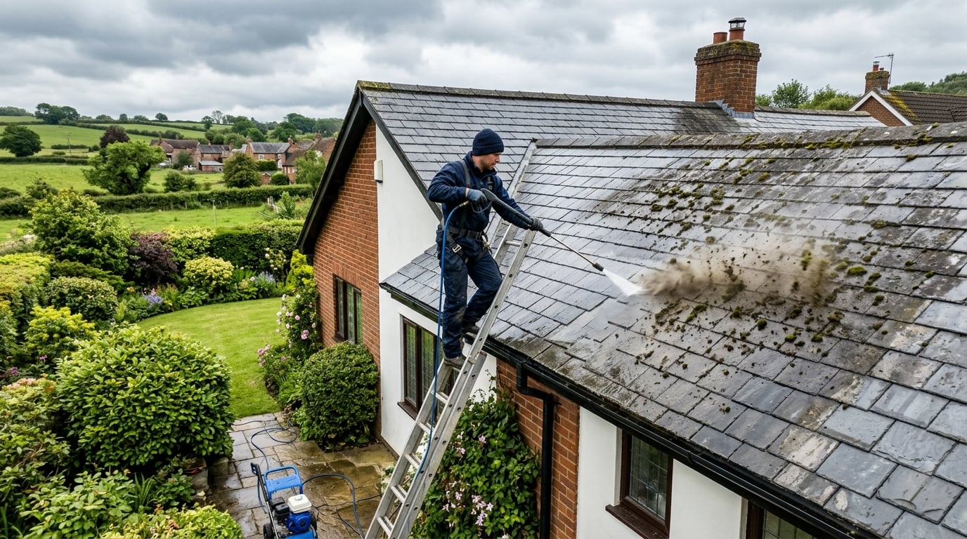 Roof cleaning and powerwashing on a domestic house