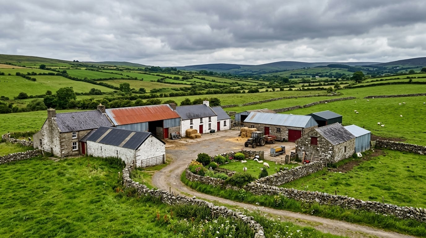 Farm buildings in rural Northern Irish countryside